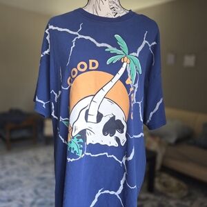 Simply Southern Navy Blue Short Sleeve Tee with Orange Palm Skull Graphic